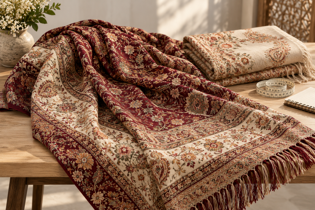 Kashmiri shawls displayed with embroidered details for an online shawl buying checklist
