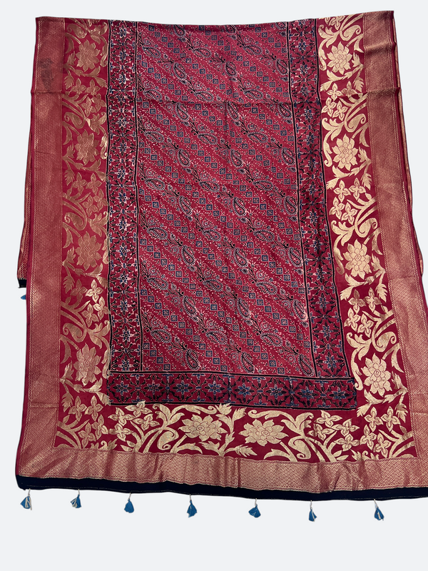 Premium Dola Silk Ajrakh Hand Block Print Natural Dye Zari Border Dupatta - Tajmehalhandicrafts