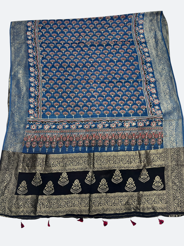 Artisan Ajrakh Dola Silk Dupatta – Traditional Hand Block Craft - Tajmehalhandicrafts