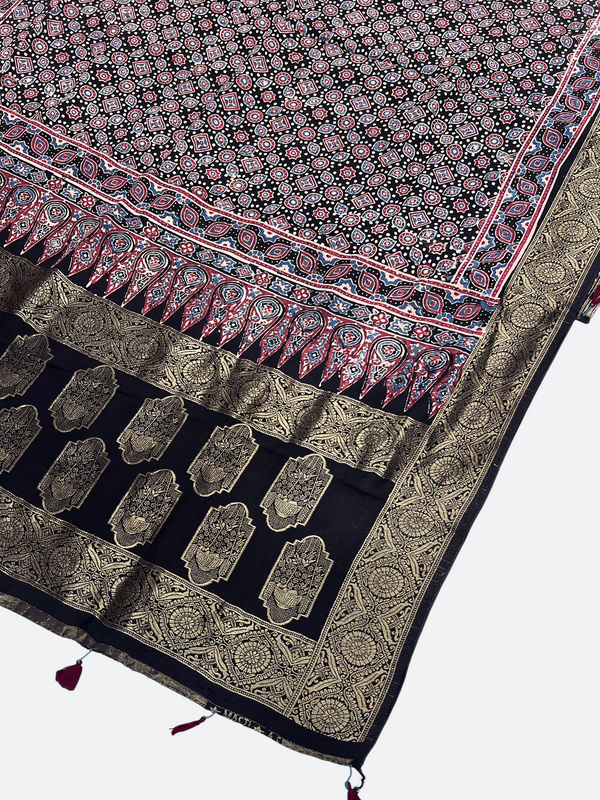 Zari Work Ajrakh Print Pure Modal Silk Dupatta - Tajmehalhandicrafts