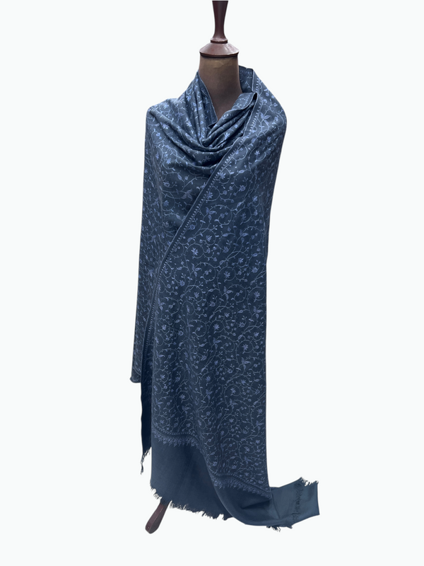 Grey Pure Pashmina Jaal Shawl – White Hand Embroidery