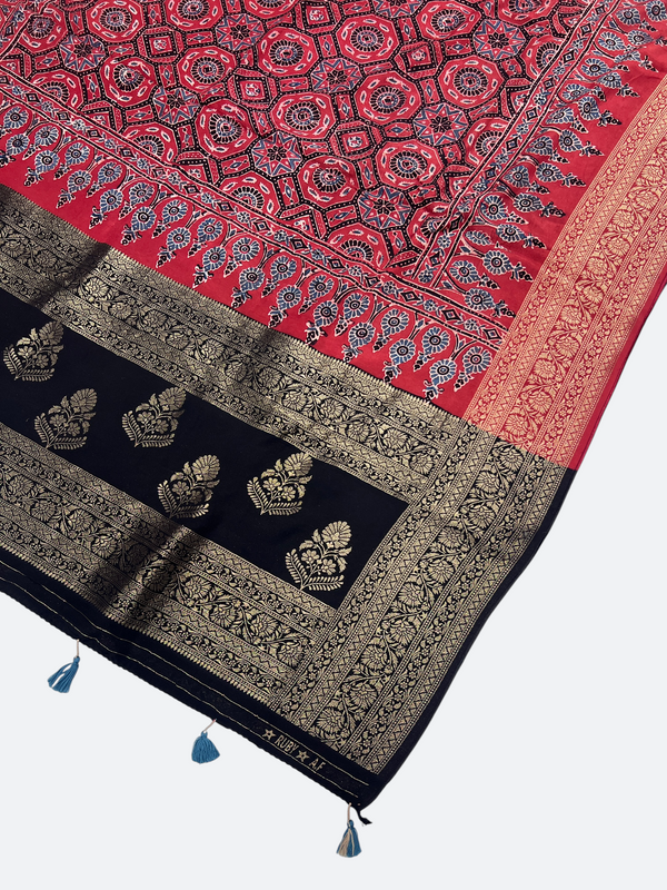 Dola Silk Ajrakh Dupatta with Natural Dye Hand Block Print & Zari Border - Tajmehalhandicrafts