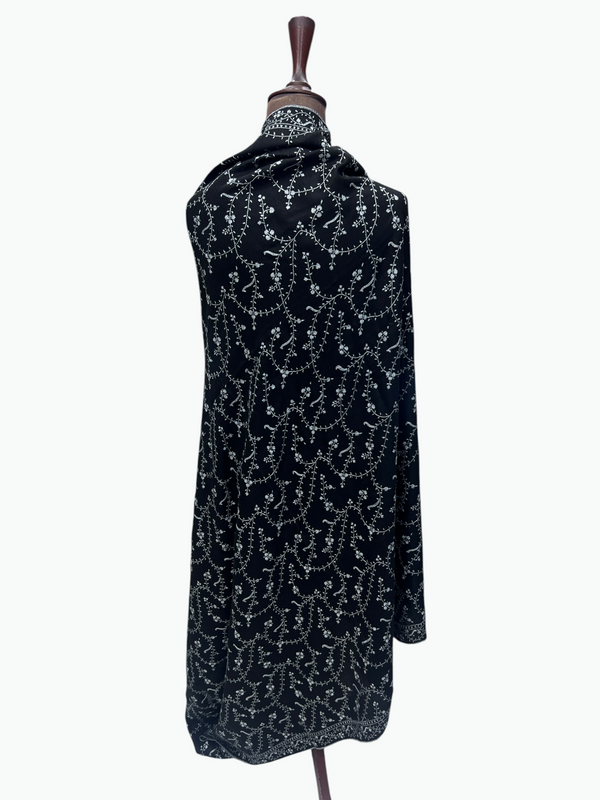 Black Pure Pashmina Sozni Jaal Shawl – White Hand Embroidery for Women