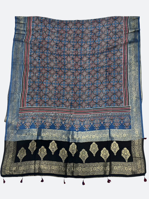 Classic Ajrakh Silk Dupatta – Hand Block Printed Dola Silk - Tajmehalhandicrafts
