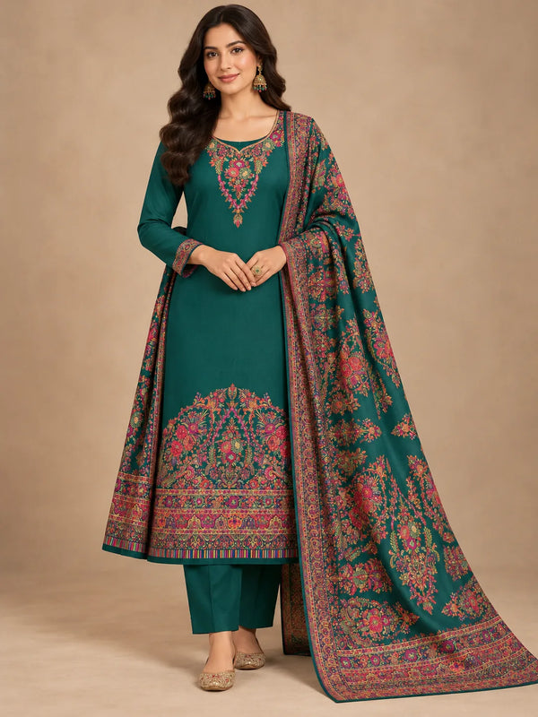 Emerald green Kani Moonlight pure silk three-piece unstitched suit from Kashmir - Taj Mehal Handicrafts