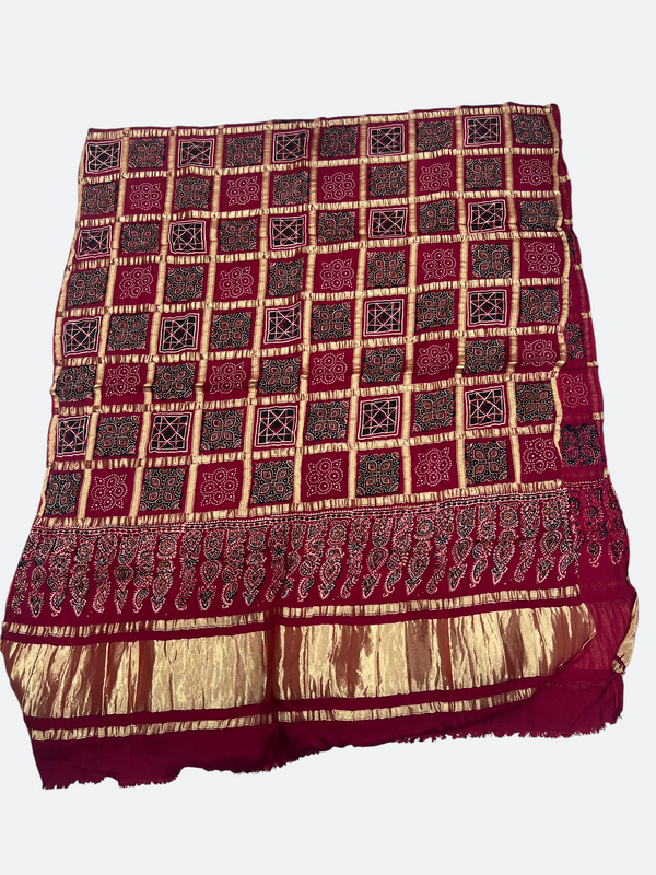 Traditional Ajrakh Design Patalo Gajji Silk Duppata - Tajmehalhandicrafts