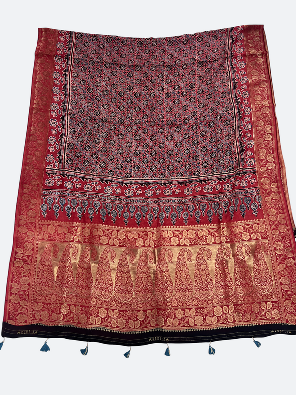 Handcrafted Ajrakh Dola Silk Dupatta – Natural Dye & Zari Detail - Tajmehalhandicrafts
