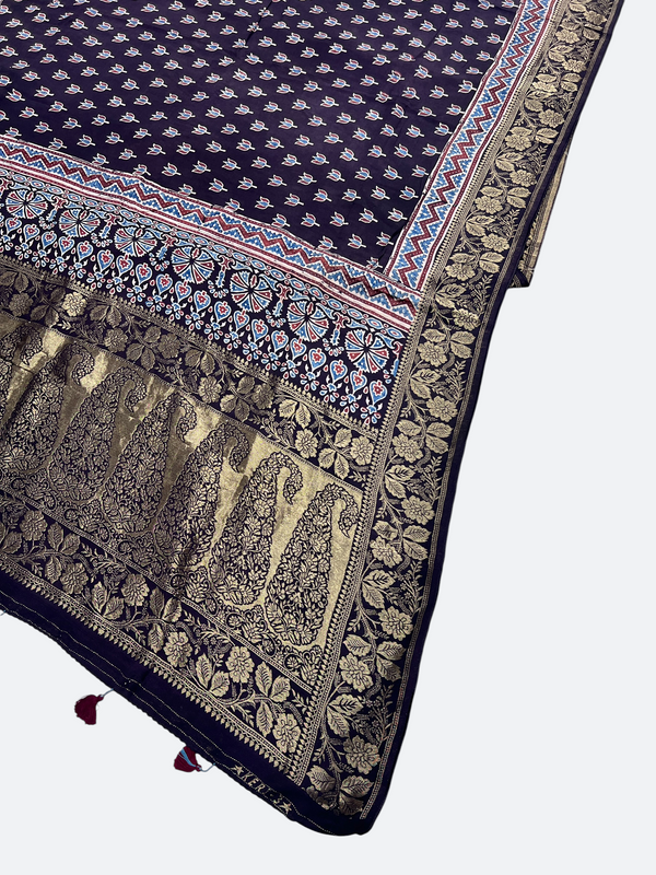 AJRAKH PRINT DOLA SILK ZARI WEAVING DUPATTA - Taj Mehal handicrafts - Tajmehalhandicrafts