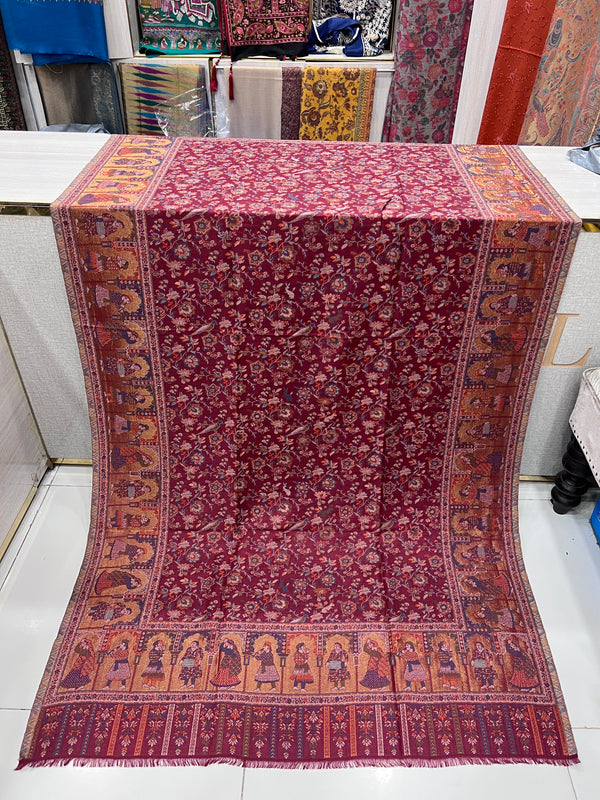Maroon Bird & Floral Moonlight Zari Kani Pashmina Shawl | Taj Mehal Handicrafts