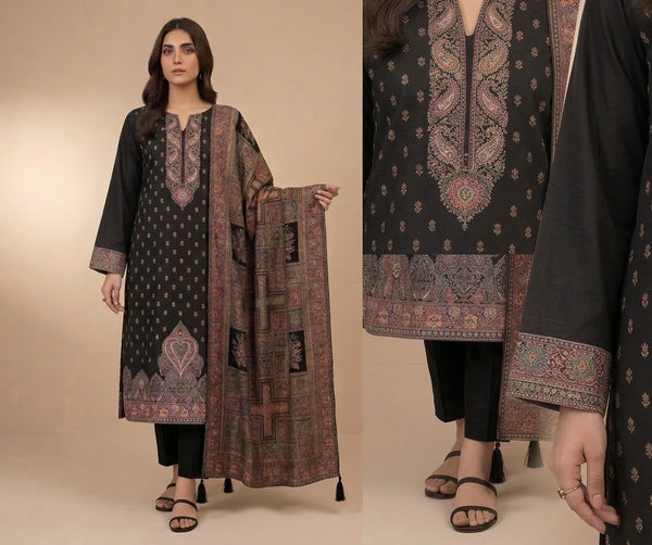 Black Maharani Unstitched Suit with Paisley Detailing