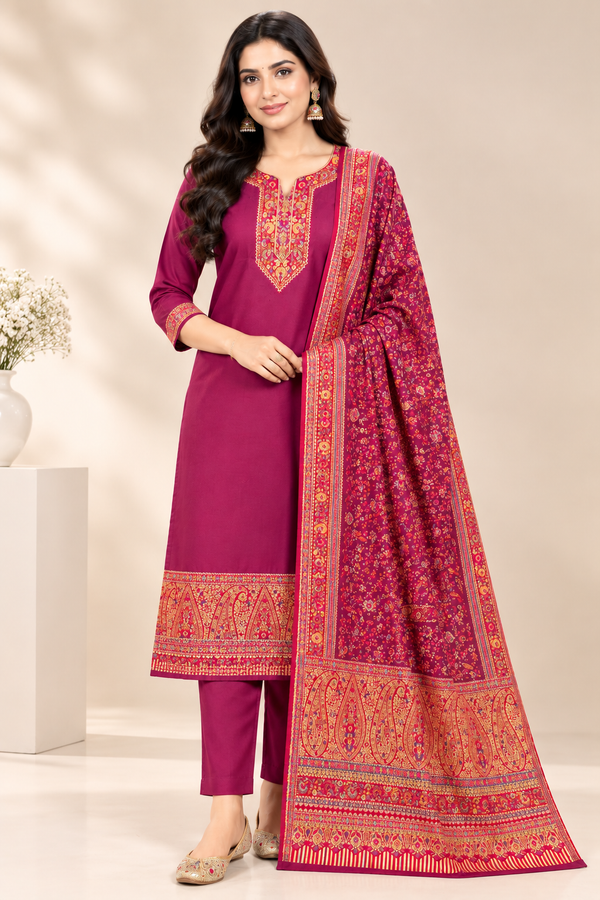 Magenta Indian Kani Silk Suit with Floral Shawl