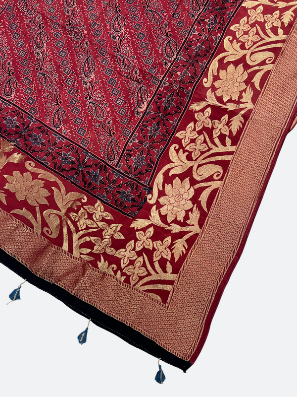 Premium Dola Silk Ajrakh Hand Block Print Natural Dye Zari Border Dupatta - Tajmehalhandicrafts