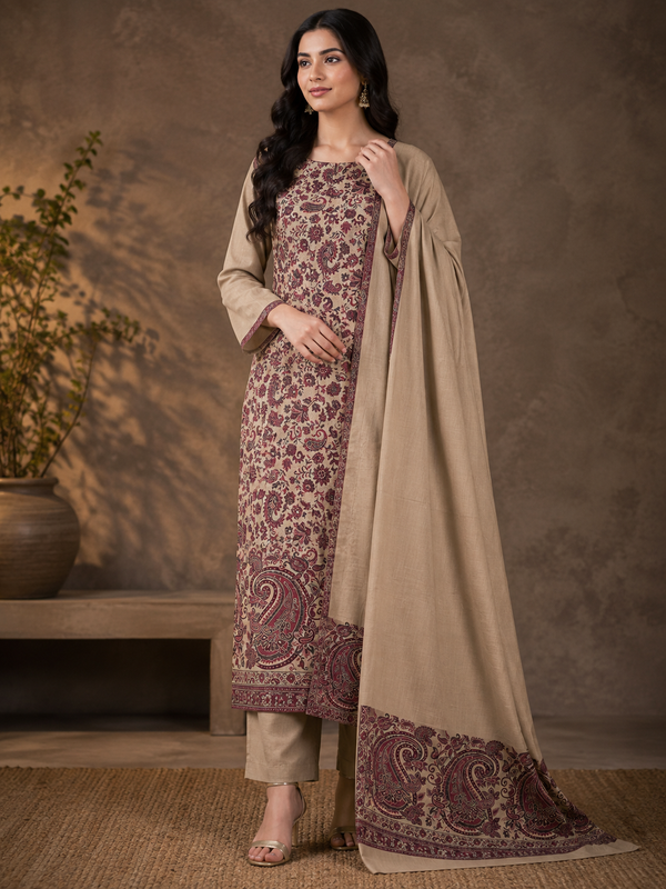 3-Piece Kani Woolen unstitched Suit - Skin MonaLisa - Tajmehalhandicrafts