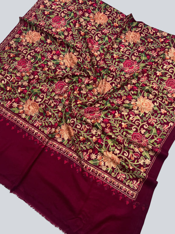 Multicolor Aari Embroidered Maroon Kashmiri Wool Shawl - Tajmehalhandicrafts