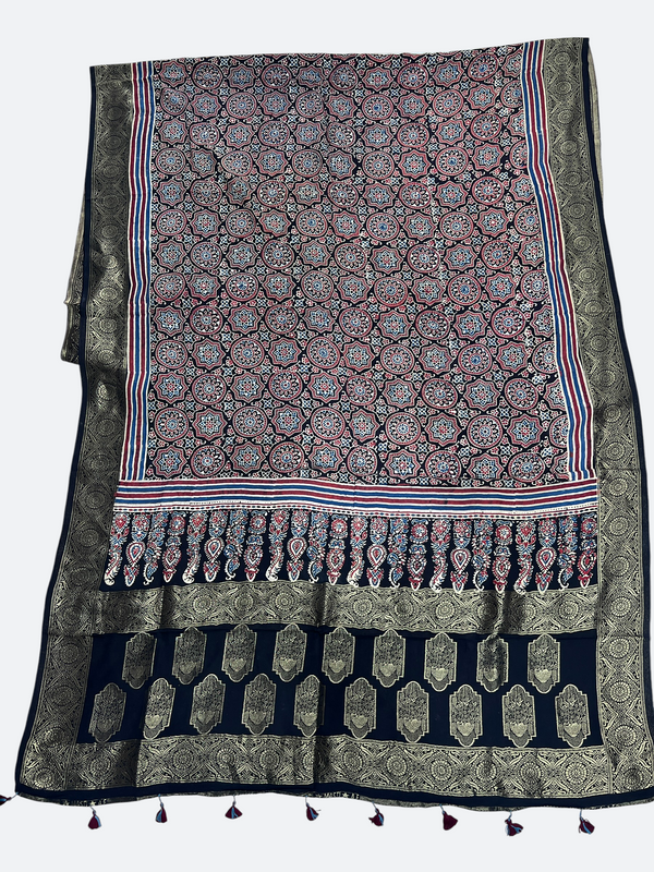 Modal Silk Ajrakh Dupatta with SILK ZARI Border - Tajmehalhandicrafts