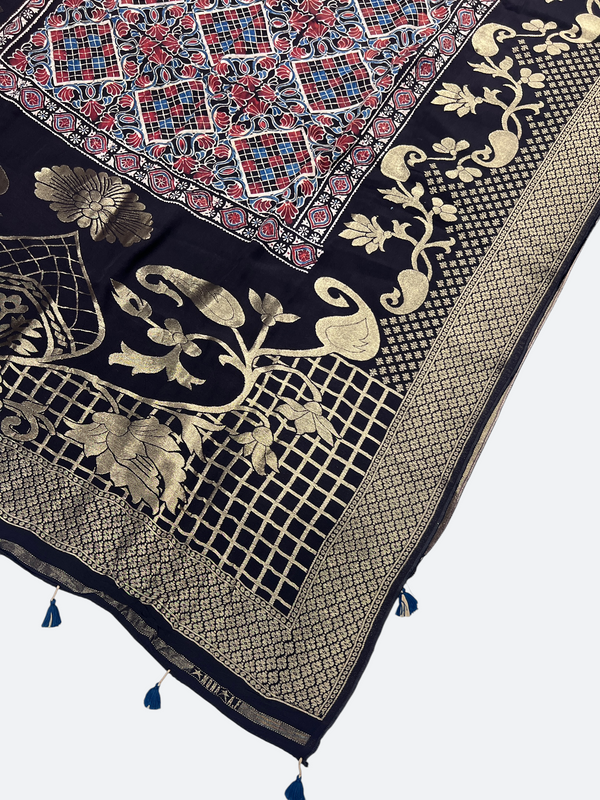 AJRAKH PRINT DOLA SILK ZARI WEAVING DUPATTA -Taj Mehal handicrafts (Copy 14) - Tajmehalhandicrafts