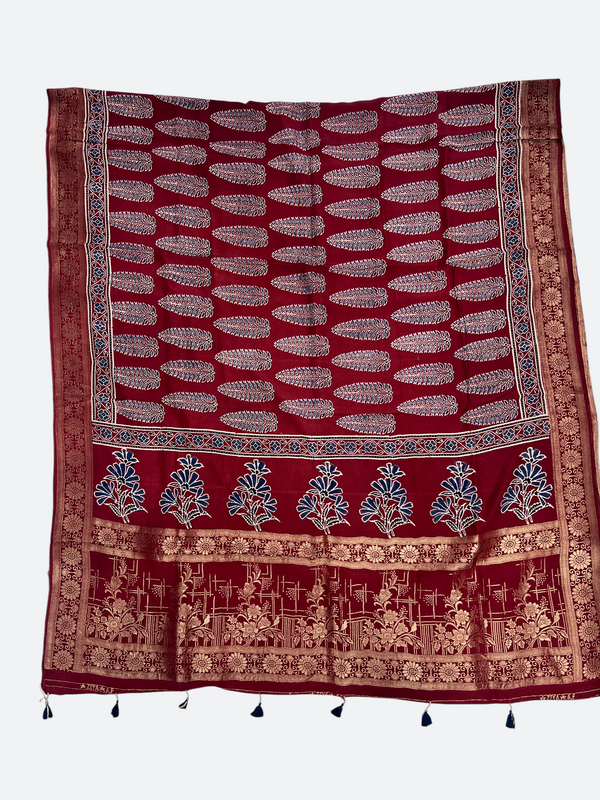 Luxury Dola Silk Ajrakh Dupatta – Traditional Hand Block Print - Tajmehalhandicrafts