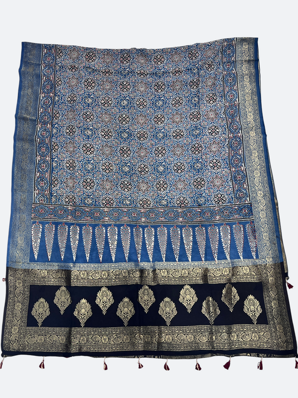 Elegant Dola Silk Ajrakh Dupatta – Natural Dye Craftsmanship - Tajmehalhandicrafts