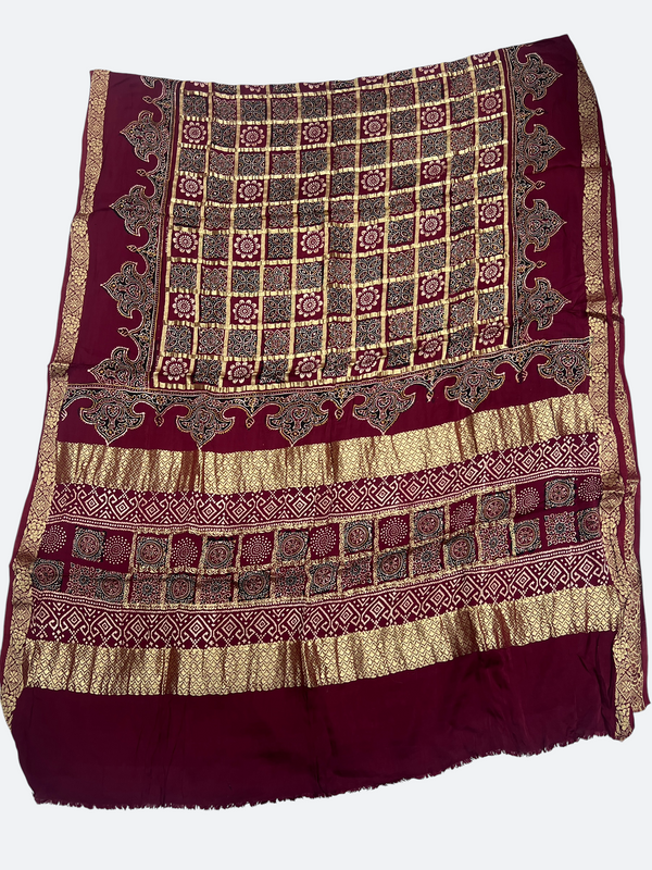 Traditional Ajrakh Design Patalo Gajji Silk Duppata - Tajmehalhandicrafts