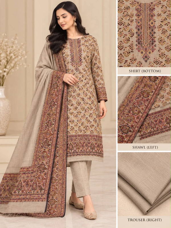 Beige Kani print three-piece unstitched suit with matching shawl, shirt and trouser fabric