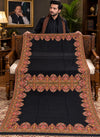 Black three-yard men's Doshala shawl in fine pashmina with unique red, gold and green embroidered borders, Taj Mehal Handicrafts Islamabad
