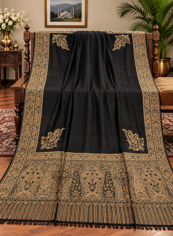 Black and antique gold Moonlight Kani border shawl with plain center and ornate paisley pallu Taj Mehal Handicrafts Islamabad