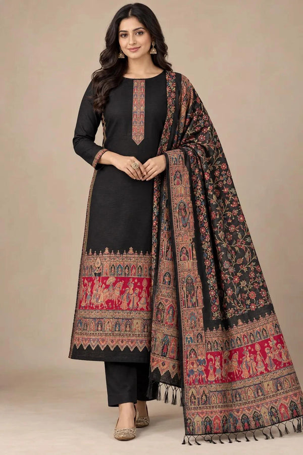 Model wearing a black Moonlight Shikargah suit with a matching patterned shawl – Taj Mehal Handicrafts