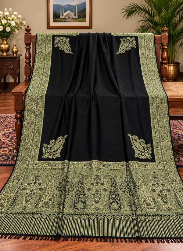 Black and olive green Moonlight Kani border shawl 40 by 80 inches paisley pallu Taj Mehal Handicrafts Islamabad
