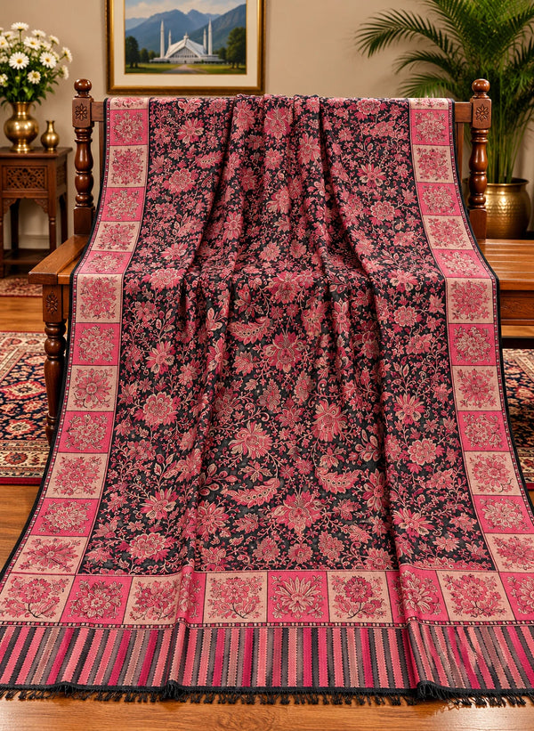 Black rose pink all over floral Kani shawl with framed flower border striped pallu and fringe Taj Mehal Handicrafts Islamabad