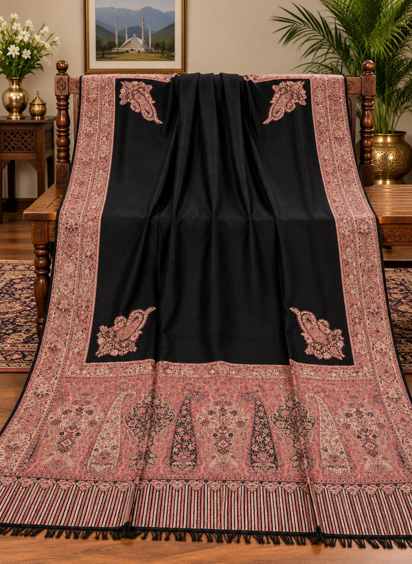 Black and rose pink Moonlight Kani border shawl 40 by 80 inches with paisley floral pallu Taj Mehal Handicrafts Islamabad