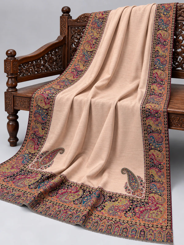 Close view of the blush beige Kani shawl's floral paisley border and corner motifs — Taj Mehal Handicrafts