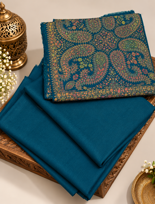 Deep teal Sui Print hand embroidered woolen pashmina 3-piece suit on carved wooden tray | Taj Mehal Handicrafts