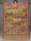 Golden artistic Kani Pashmina scenery shawl with palaces, gardens, people and animals, fully open on a wooden rod in a grey studio | Taj Mehal Handicrafts