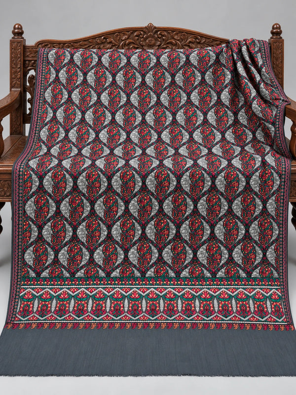 Dark green-toned Fine Aari work shawl with silver-grey paisley details and colourful floral borders, 2.75 yards, displayed on a wooden bench | Taj Mehal Handicrafts