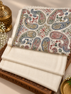 Ivory cream Sui Print hand embroidered woolen pashmina 3-piece suit with multicolor paisley shawl on carved wooden display | Taj Mehal Handicrafts