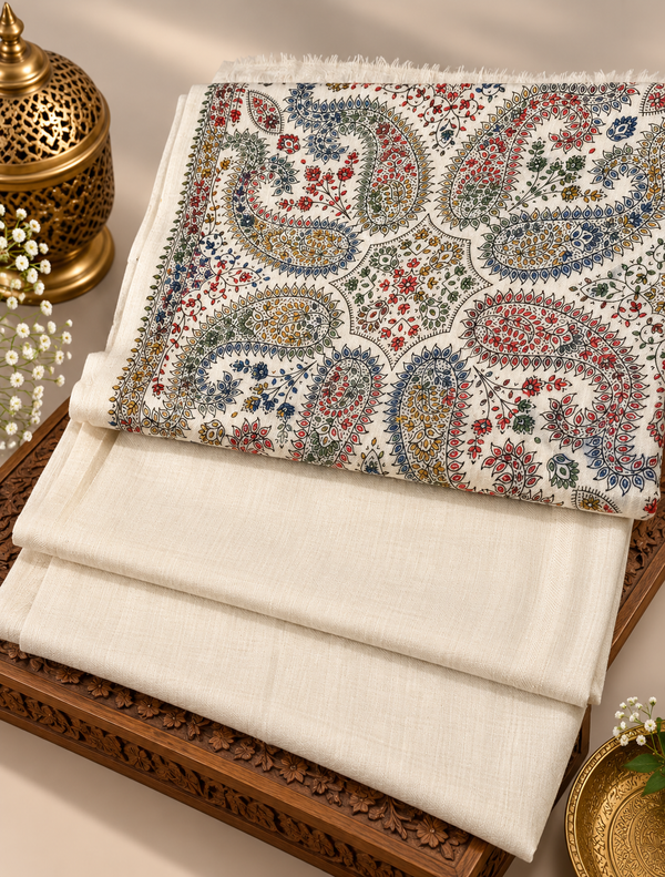 Ivory cream Sui Print hand embroidered woolen pashmina 3-piece suit with multicolor paisley shawl on carved wooden display | Taj Mehal Handicrafts