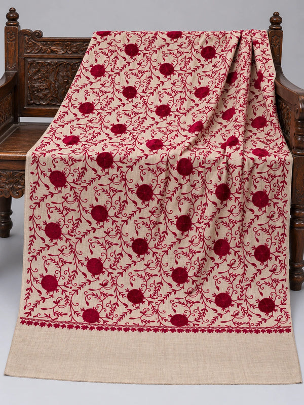 Ivory pashmina wool shawl with maroon Aari vine embroidery and velvet floral accents, 2.7 yards, displayed on a wooden bench | Taj Mehal Handicrafts