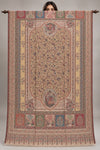 Ivory-beige Moonlight zari Kani Pashmina shawl with floral medallions and multicolour borders, fully open on a wooden rod in a studio | Taj Mehal Handicrafts