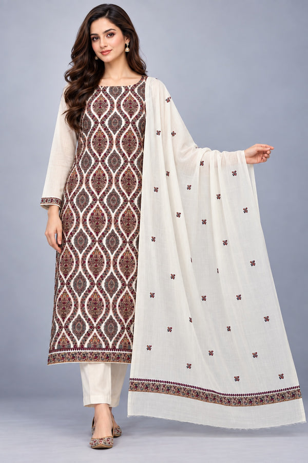 Ivory paper mache embroidered three-piece suit with matching border shawl and scattered buti motifs