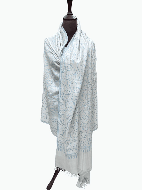 Ivory & Turquoise Sozni Jaal Pashmina Shawl – Hand Embroidered tajmehalhandicrafts