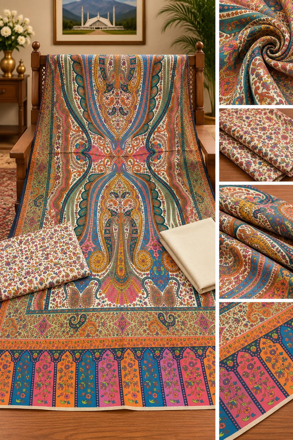 Royal paisley multicolor Kalamkari printed pashmina three piece unstitched suit with floral matching fabric ivory trouser Taj Mehal Handicrafts Islamabad