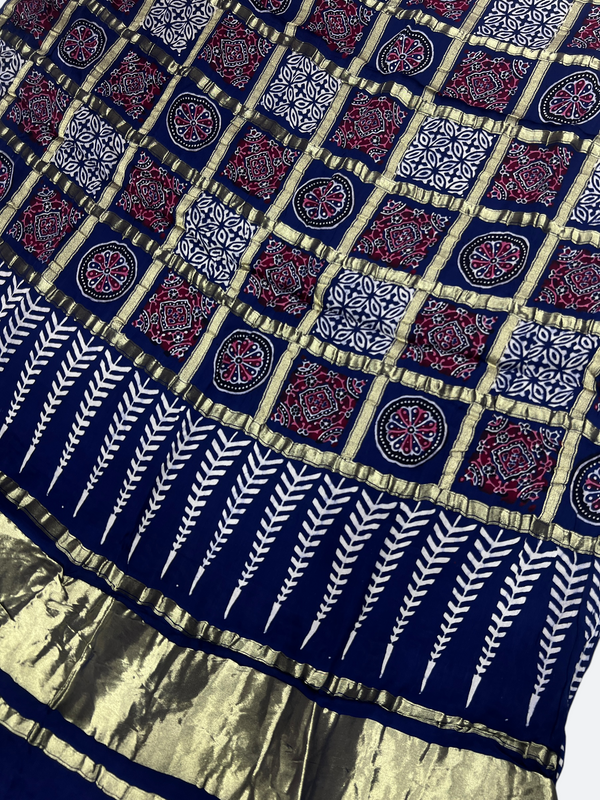 Traditional Ajrakh Design Patalo Gajji Silk Duppata - Tajmehalhandicrafts