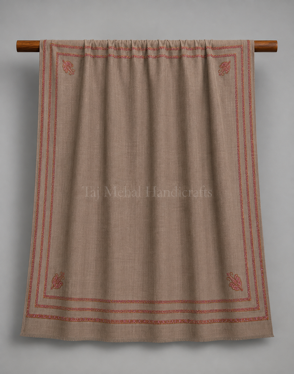 Luxurious Pashmina Shawl with Triple Border Kingri Design & Exquisite Paper Mache Embroidery