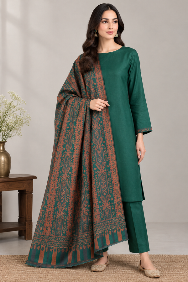 Mona Lisa Kani unstitched suit with plain emerald shirt and trousers and patterned shawl – Taj Mehal Handicrafts