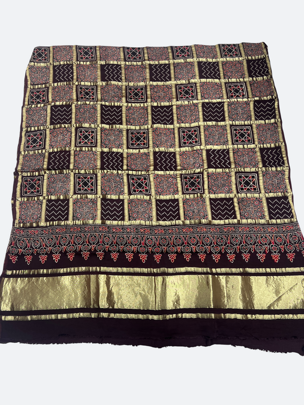 Sindhi Ajrakh Gajji Silk Dupatta – Traditional Patalo Design - Tajmehalhandicrafts