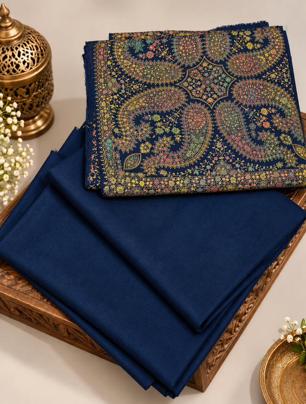Navy blue Sui Print hand embroidered pashmina 3-piece suit with gold paisley shawl on carved wooden tray | Taj Mehal Handicrafts