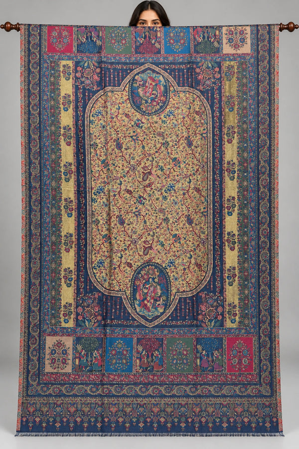 Navy and gold Moonlight zari Kani Pashmina shawl with floral vines, oval medallions and multicolour panels, fully open on a wooden studio rod | Taj Mehal Handicrafts