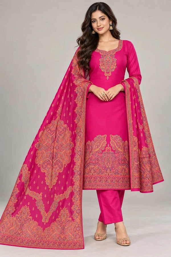 Model wearing a pink suit with a matching patterned dupatta and paisley border – Taj Mehal Handicrafts