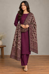 Model wearing a plum unstitched two-piece suit with Moonlight shawl