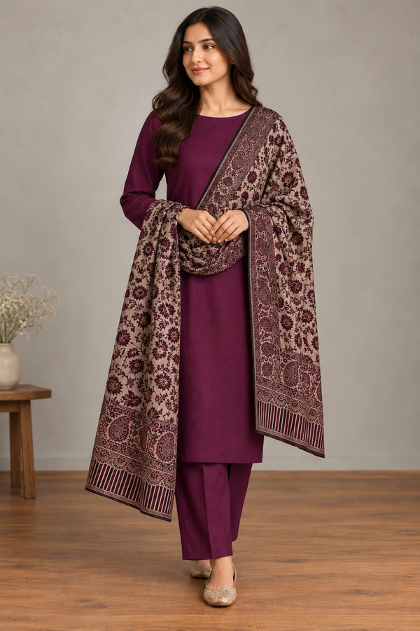 Model wearing a plum unstitched two-piece suit with Moonlight shawl